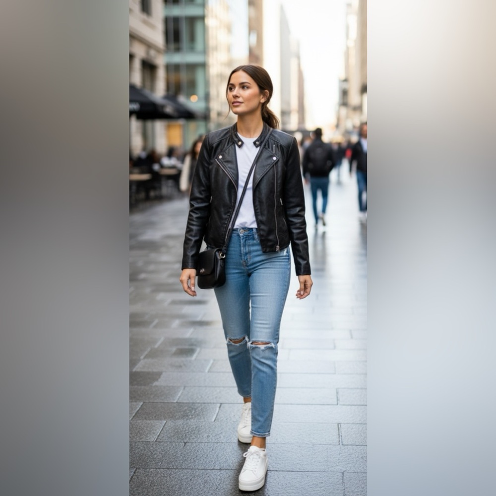 Faux Leather jacket ‎ Black Silver Accents